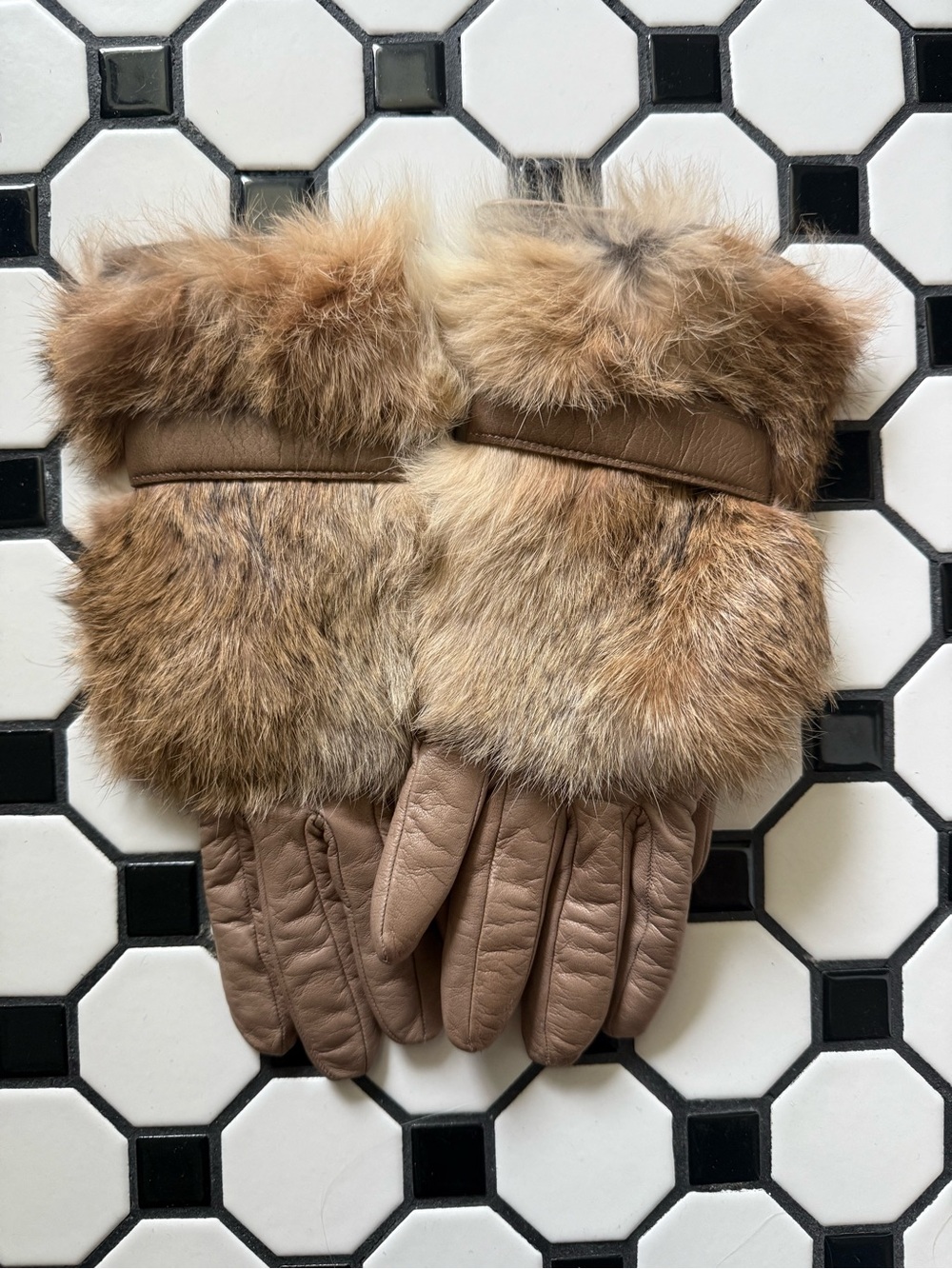 Vintage Rabbit fur leather gloves size 7 100% cashmere lining Made in Italy